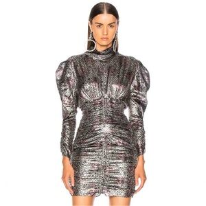 NEW ISABEL MARANT REVOLVE SILVER RUCHED METALLIC MINI DRESS